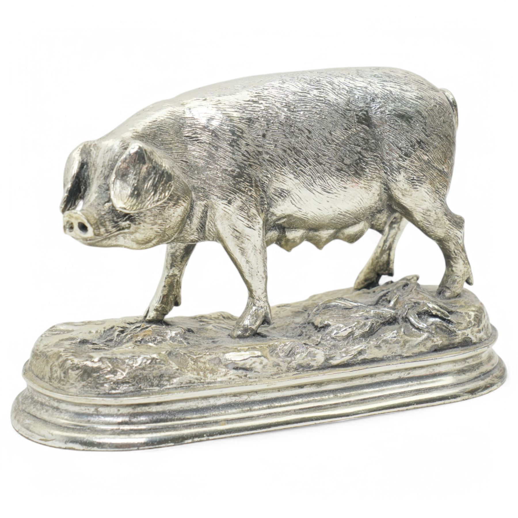 Silvered model of a pig, after Pierre Jules Mene, W21cm