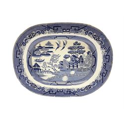 Victorian blue and white meat platter in willow pattern, L47.5