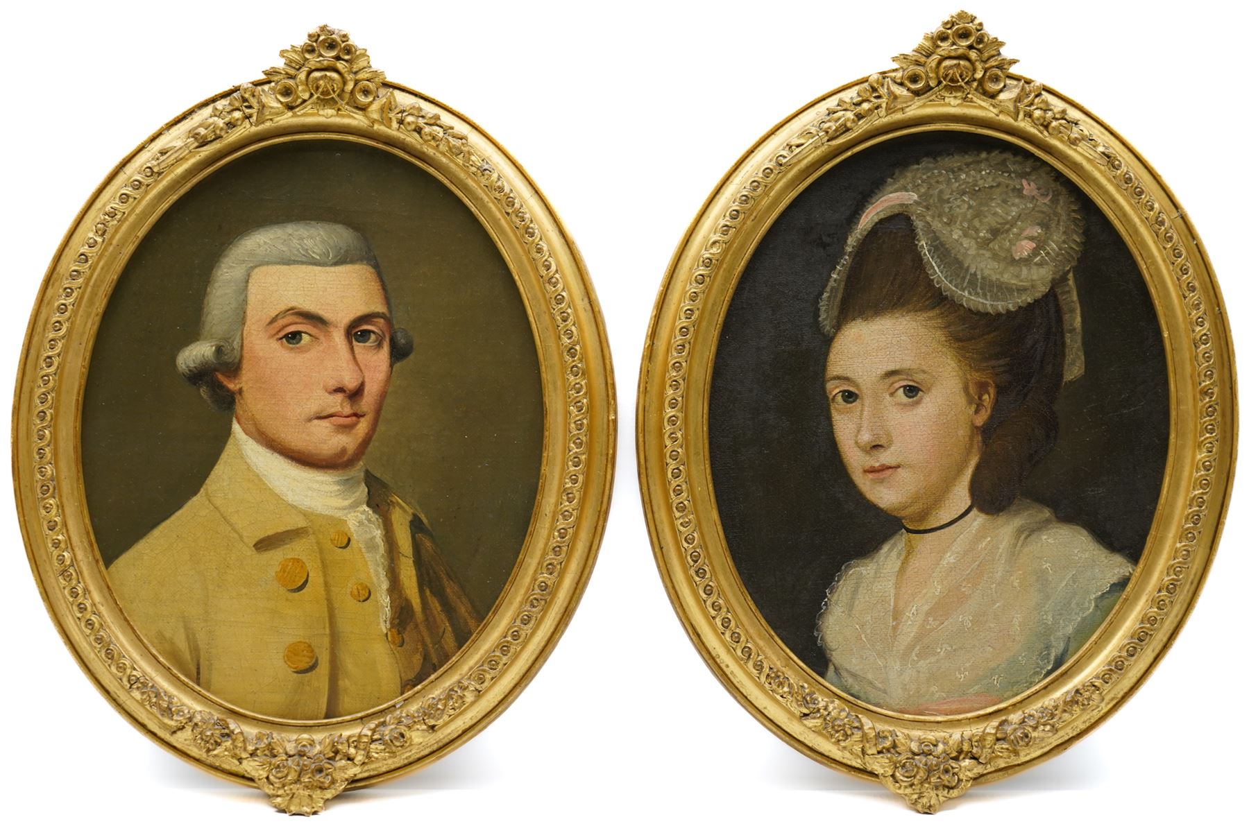 English School (Late 18th century): Portrait of Benjamin Mather (1753-1821) and his Wife Sarah Perry (1755-1788), pair oval oils on canvas laid onto board with family history verso , together with the original bodice worn by Perry in the painting, and her associated 9ct gold and black enamel 'Regard' mourning ring, with plaited hair shank, 25cm x 19cm (2)

Notes: The sitters belong to the extended Mather family of Lancashire, a lineage of considerable historical significance on both sides of the Atlantic. The family traces back to Richard Mather (1596-1669), a prominent Puritan minister who emigrated from England to New England in 1635, becoming a founding figure in early colonial Massachusetts. His descendants in America included his son Increase Mather (1639-1723), President of Harvard College, and his grandson Cotton Mather (1663-1728), one of the most influential theologians and writers of early American history.

The present sitters descend from a parallel English branch of the same family. Benjamin Mather married Sarah Perry in London in 1776. Sarah Perry died in 1788 aged 33 and was buried at Wellingborough, Northamptonshire. This branch of the family remained in England, while their close relations established the prominent New England Mather dynasty.

The remainder of the extensive related family ephemera, including indentures and other documents dating from the 17th century onwards, will be offered for sale in our Maps, Antiquarian Books & Ephemera auction on 24th July.