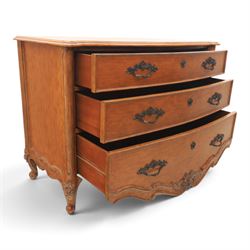 And So To Bed - 'Louis XV' large cherrywood chest, bowed shaped top above three long graduating drawers, blackened metal handles and escutcheons, raised on scrolled supports with carved foliate knees 