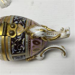 Limoges France hand painted ink well pot stand with lion paw feet, together with  pot pourri vase and cover in the shape of an egg raised on three scroll feet, ink well H14cm 