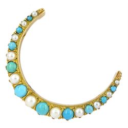 9ct gold graduating turquoise and pearl crescent moon brooch