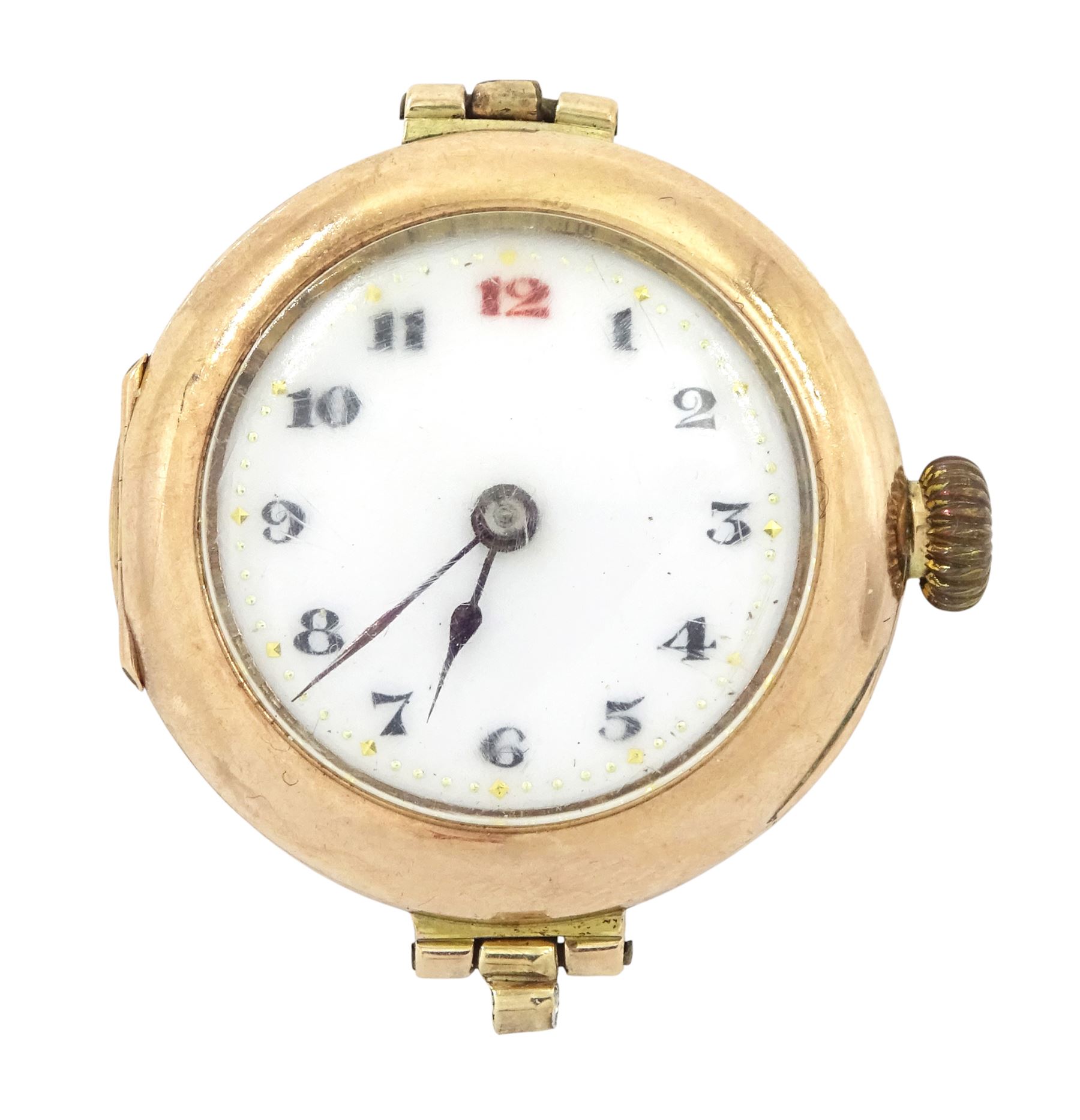 Rolex early 20th century 9ct rose gold manual wind wristwatch, white enamel dial with Arabic hour markers, London import mark 1916