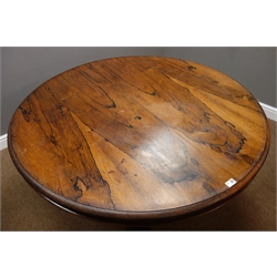  Victorian rosewood breakfast table, circular tilt top, tapered column on platform, three carved paw feet, metal plaque 'Improved Circular Loo Table' underneath, D131cm, H75cm (no bolts)  