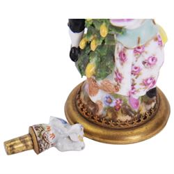 Sitzendorf perfume bottle, modelled as lovers around a tree, together with another continental perfume bottle of similar design, H11cm 