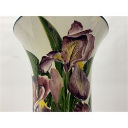 Wemyss vase of flared cylindrical form decorated with purple irises and green lined boarder, with printed and impressed mark beneath 