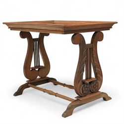 Regency design rosewood butler’s tray on stand, rectangular tray with moulded gallery raised on lyre-end supports united by turned stretchers