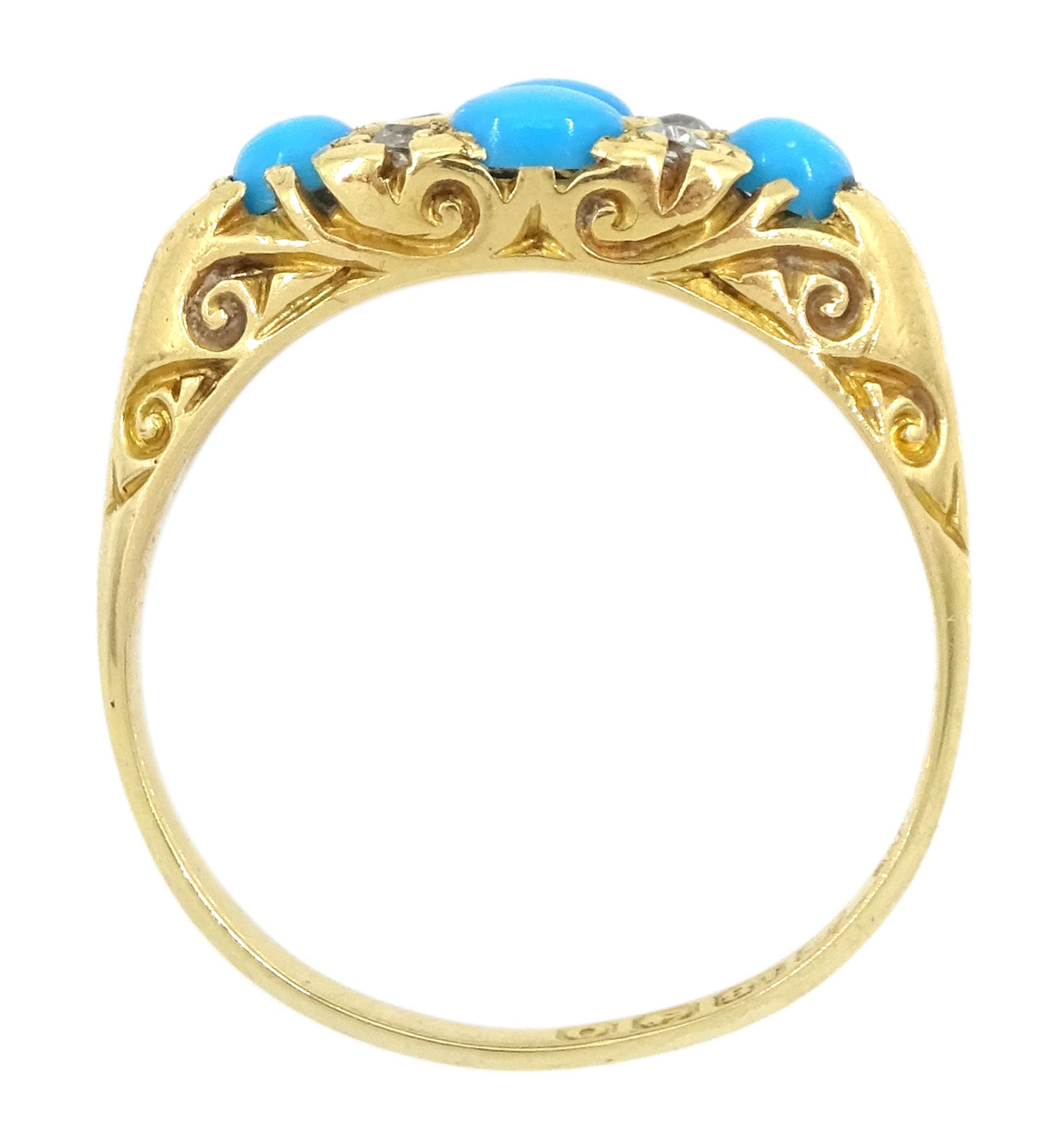 Early 20th century 18ct gold four stone turquoise and four stone old cut diamond ring, Birmingham 1913