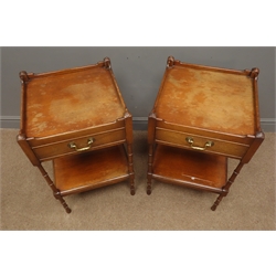  Pair Georgian style mahogany bedside/lamp tables, raised sides, single drawers, turned supports joined by an under tier, W41cm, H68cm, D68cm   