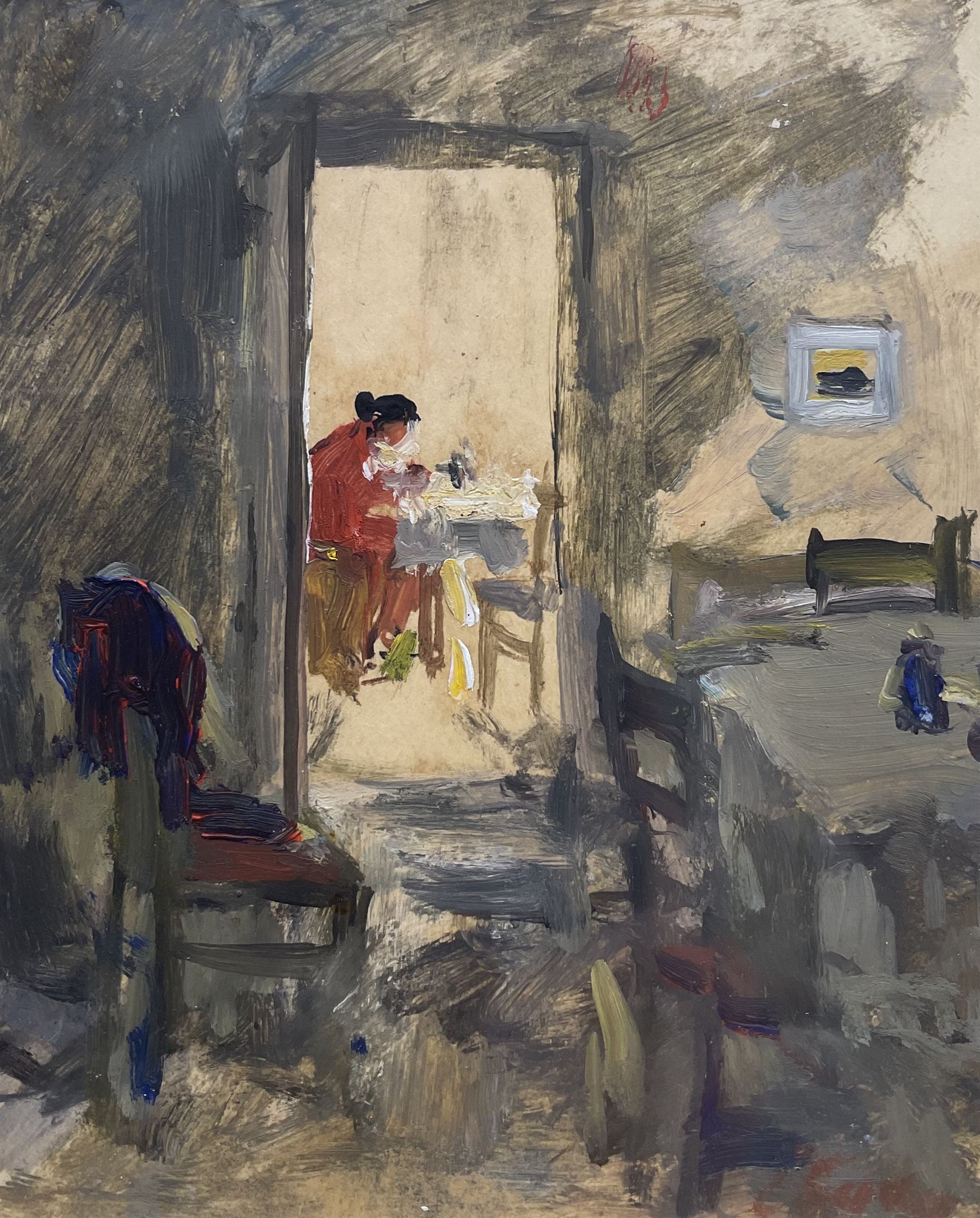 Saniya Bakhtiyarova (Russian 1949-): Sewing - Interior Scene, oil on paper signed, titled on label verso 15cm x 12.5cm 