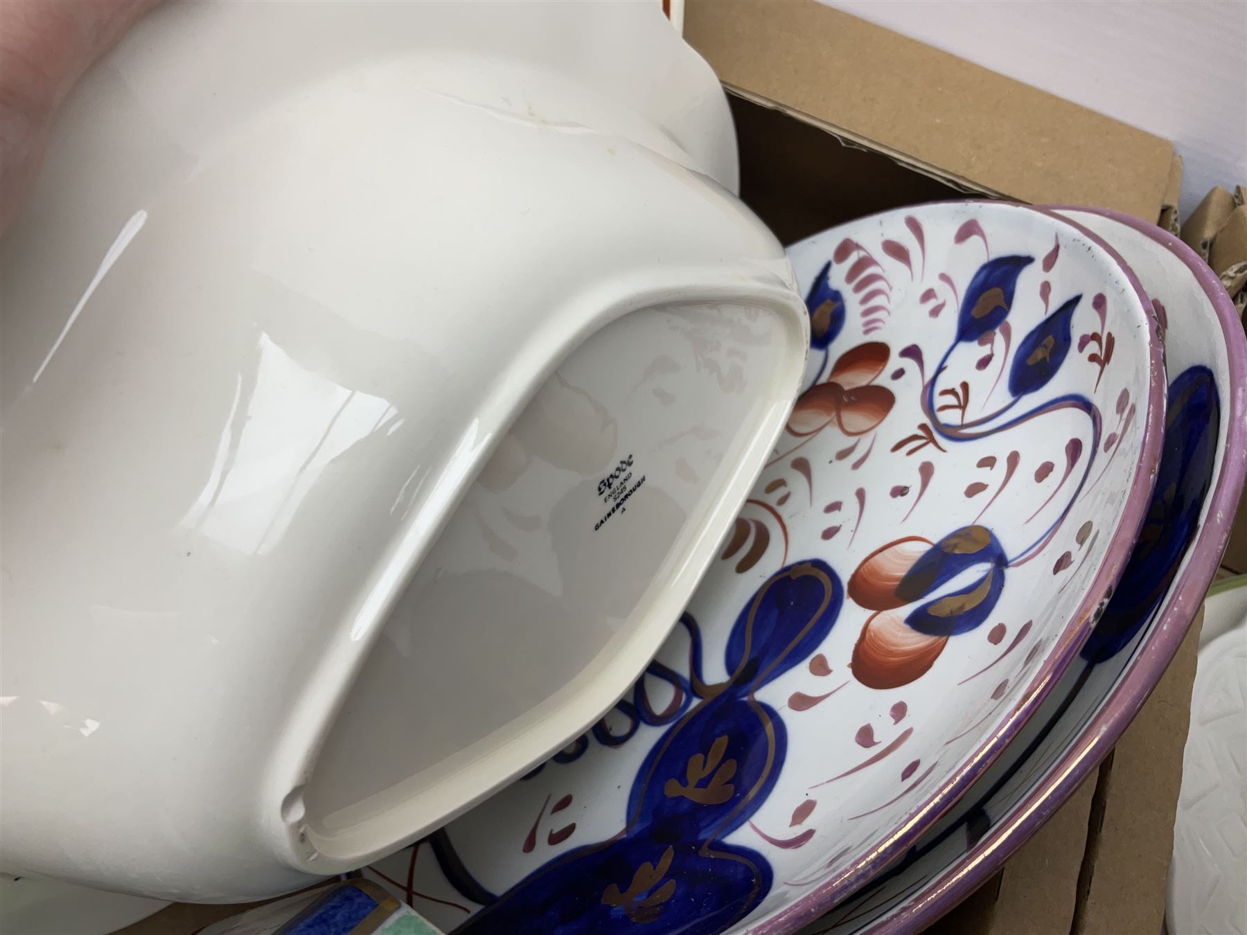 Twin handled cache pot in the style of Herend Hungary, stamped VA Portugal, decorated with birds upon branches, Mason's Ironstone large footed bowl in the Mandarin pattern, Spode Gainsborough bowl, Royal Doulton Bird of Paradise plate c1938 D4602, lustre plates, Aynsley, oriental style lidded vase, Portmeirion, lattice creamware, J & G Meakin Sol, Wedgwood, studio pottery, Spode York Minister boxed plate etc