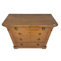 19th century French oak chest, cavetto frieze drawer over three long drawers, each with pressed brass handle plates decorated with central urns and ring handles