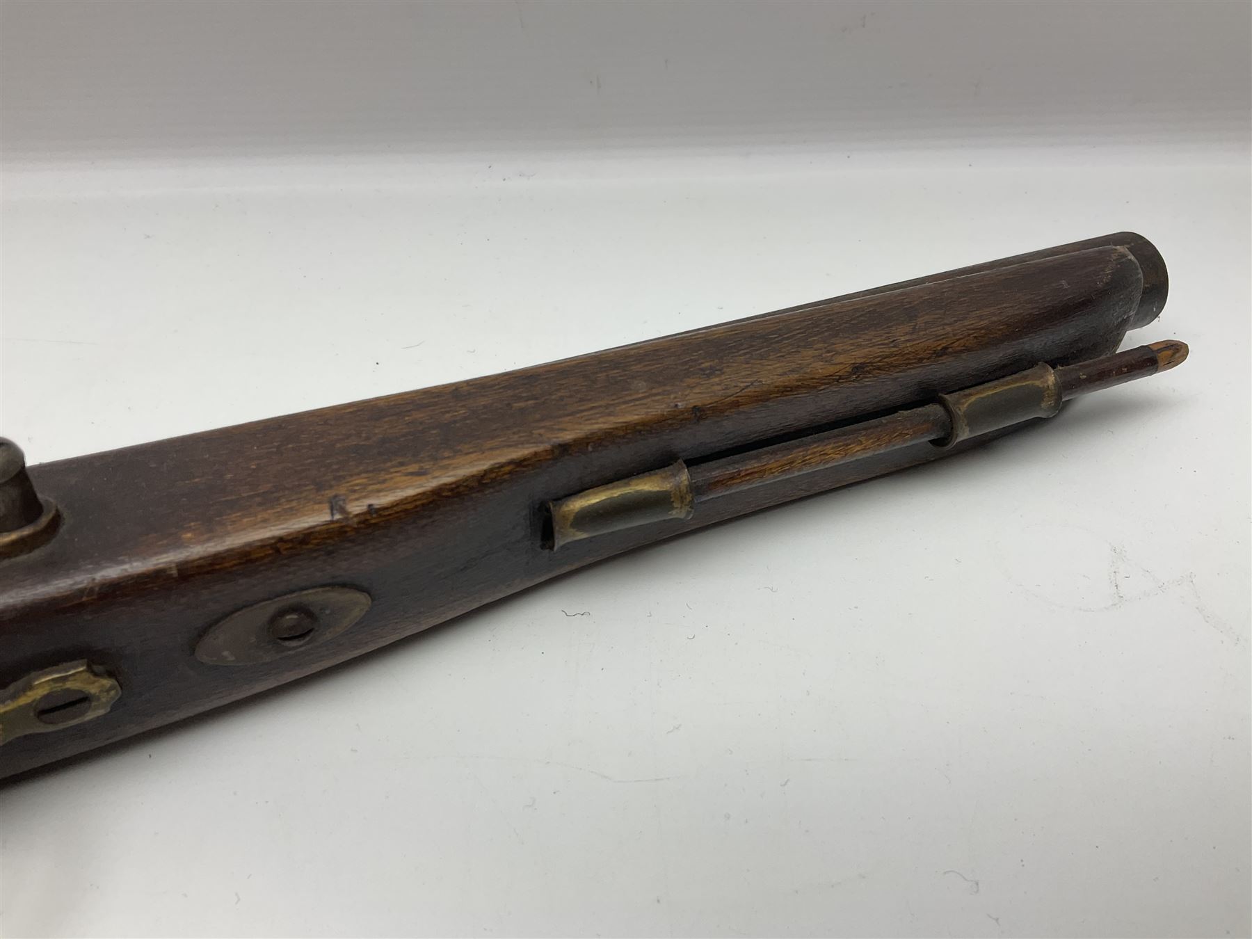 Leather covered swagger/sword stick with 40cm steel blade L62cm overall; another ash sword stick with 30cm diamond section steel blade; pair of fencing foils, the blades marked Solingen; two reproduction flintlock pistols; and 92cm inert cartridge belt (7)