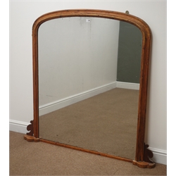  Large Victorian rectangular arched over mantel mirror with moulded pine frame, W130cm, H127cm  