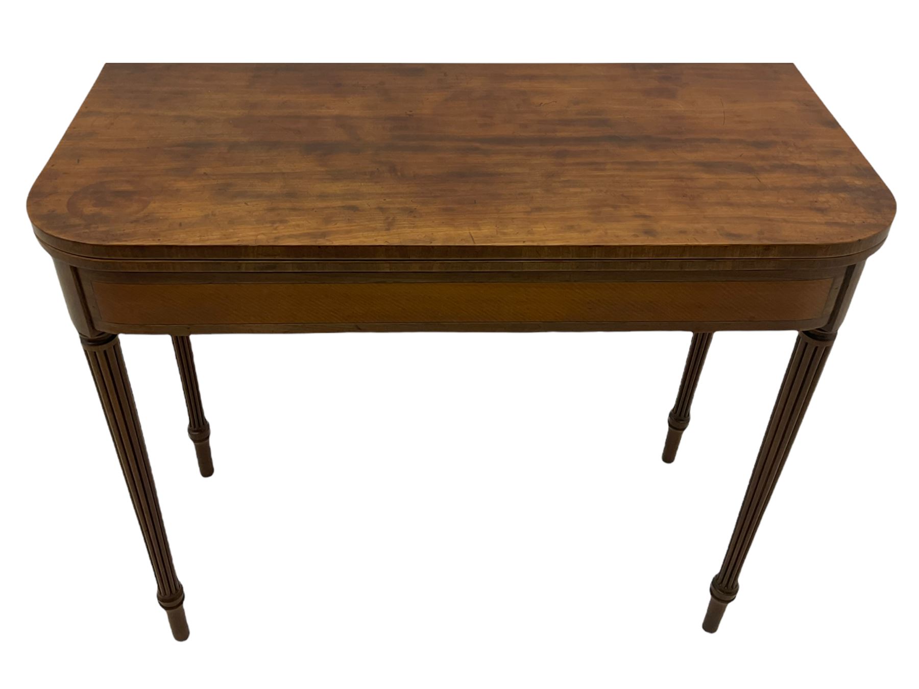 Early 19th century tea table, rectangular fold-over top with rounded corners, the frieze and sides inlaid with satinwood panels, double gate-leg action base, on reeded supports 
