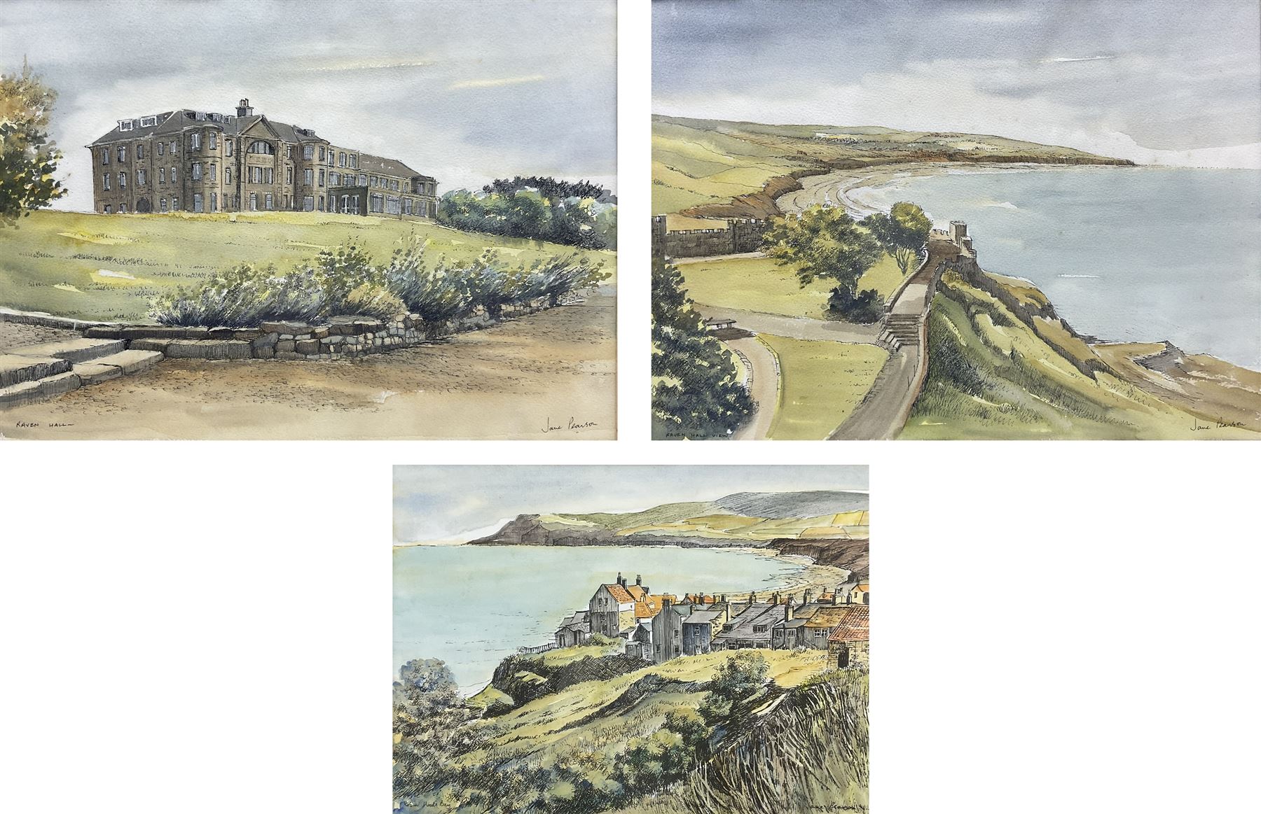Jane Pearson (Yorkshire 20th century): 'Raven Hall' at Ravenscar, pair watercolour and inks signed and titled 29cm x 40cm; 'Robin Hood's Bay', hand-finished print, 27cm x 37cm (3)