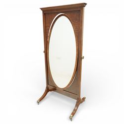 Edwardian mahogany cheval mirror, the rectangular frame with dentil cornice and satinwood ...