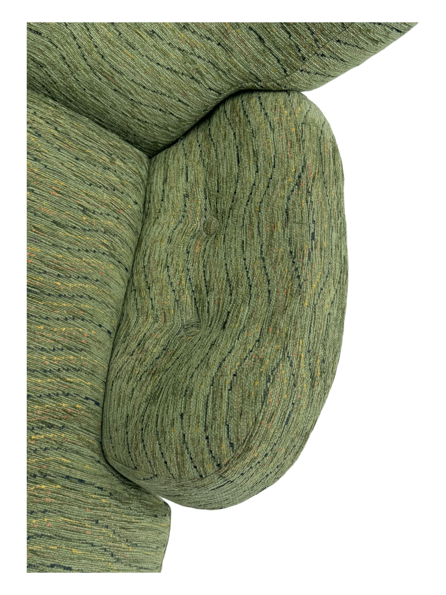 Ercol - mid-20th century three-piece suite, comprising two-seater sofa, upholstered in green fabric with teak frame, on splayed supports with stretcher (W142cm, D95cm, H87cm); with matching pair of armchairs (W82cm, D95cm, H87cm)
