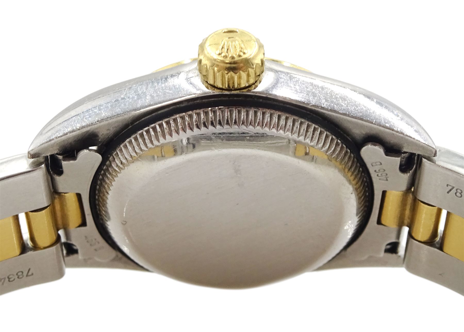 Rolex Oyster Perpetual ladies gold and stainless steel wristwatch, circa 1997, Ref. 67483, bronze/golden sunburst dial, on Oyster gold and stainless steel strap, with fold-over clasp