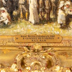 Robert Gemmell Hutchison (British 1855-1936): 'Royal Review Edinburgh - 1905', oil on canvas signed, titled on plaque 36cm x 49cm 
Provenance: private collection, purchased Omell Galleries, London 1990.
Notes: Likely the preparatory oil sketch for the larger version, sold Bonhams Fine Paintings sale, 7th December 2010, Lot 18, for £18,000. 