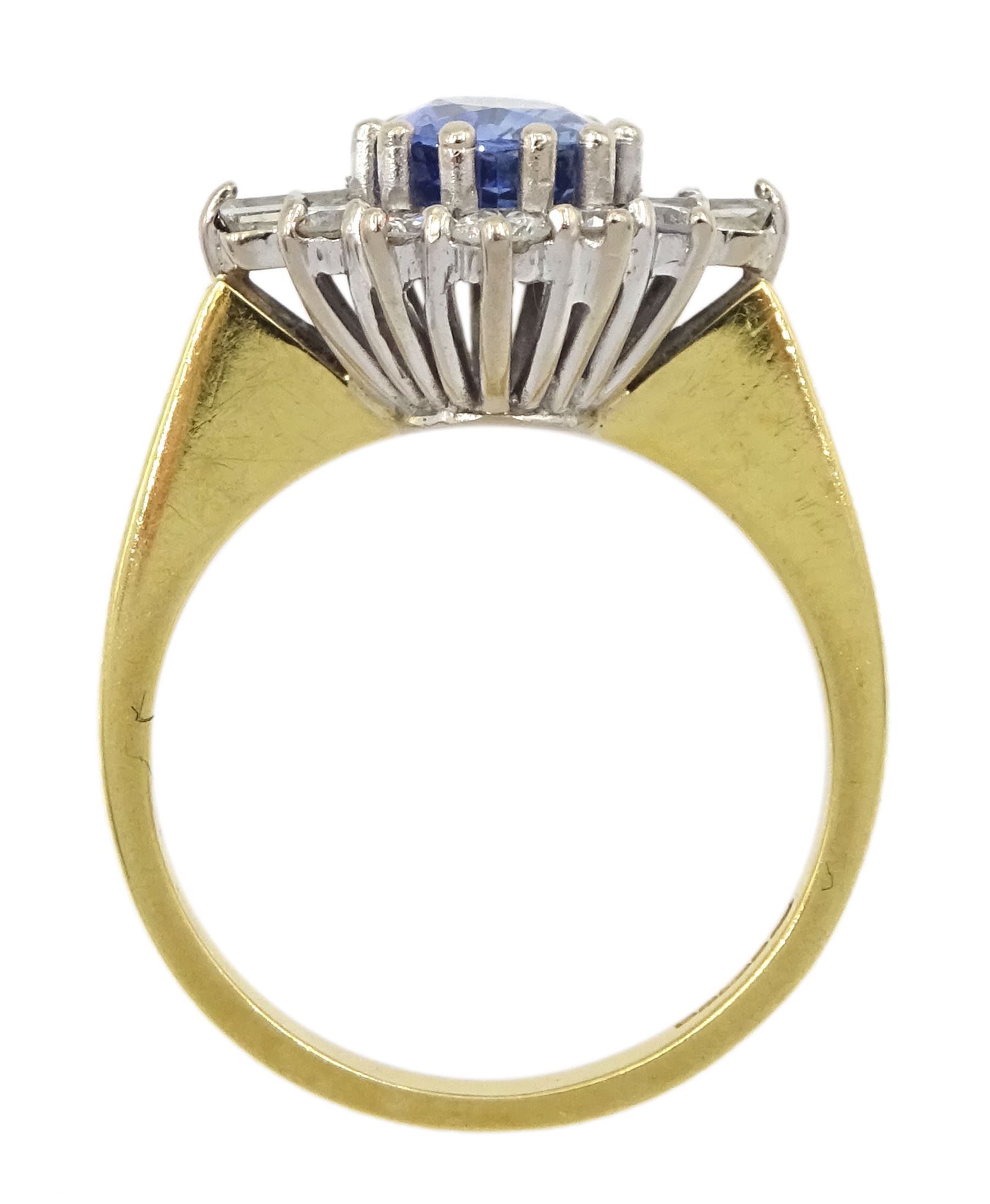 18ct gold oval sapphire, baguette and round brilliant cut diamond cluster ring, Birmingham 1991, sapphire approx 1.35, total diamond weight approx 0.50 carat