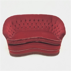 Early 20th Century kidney shaped two sofa upholstered in deep buttoned red fabric, W147cm