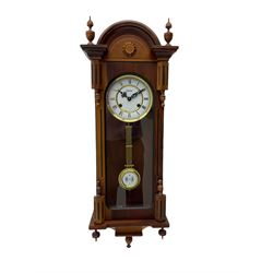 Late 20th century Mahogany cased striking wall clock, striking the hours and half hours on a gong, white two-part dial with Roman numerals and minute track, fully glazed door with gridiron pendulum, dial inscribed 'Highlands'