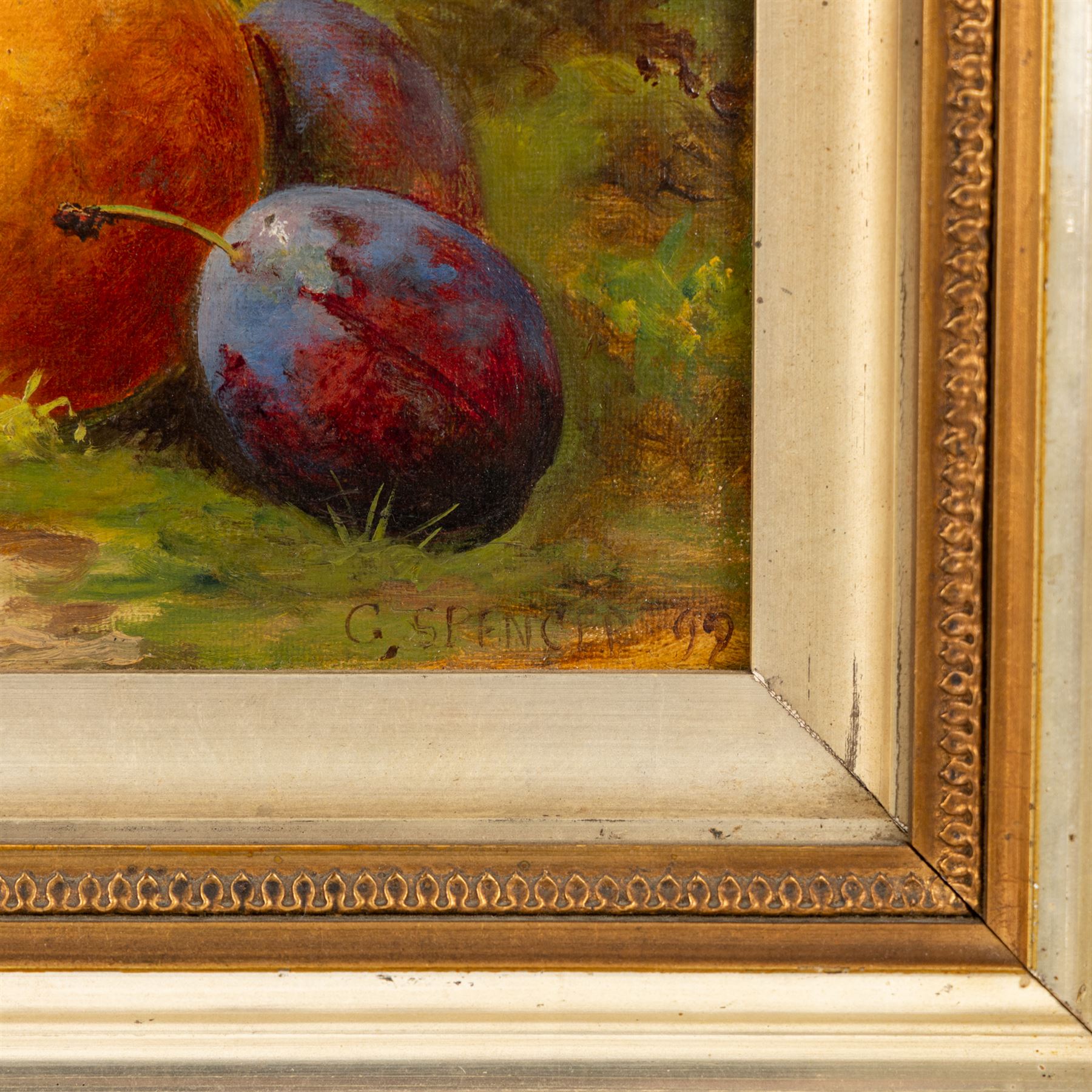 George Spencer (British 19th Century): Still Life of Fruits on a Bed of Grass, pair of oils on canvas board max 16.5cm x 24cm (2)