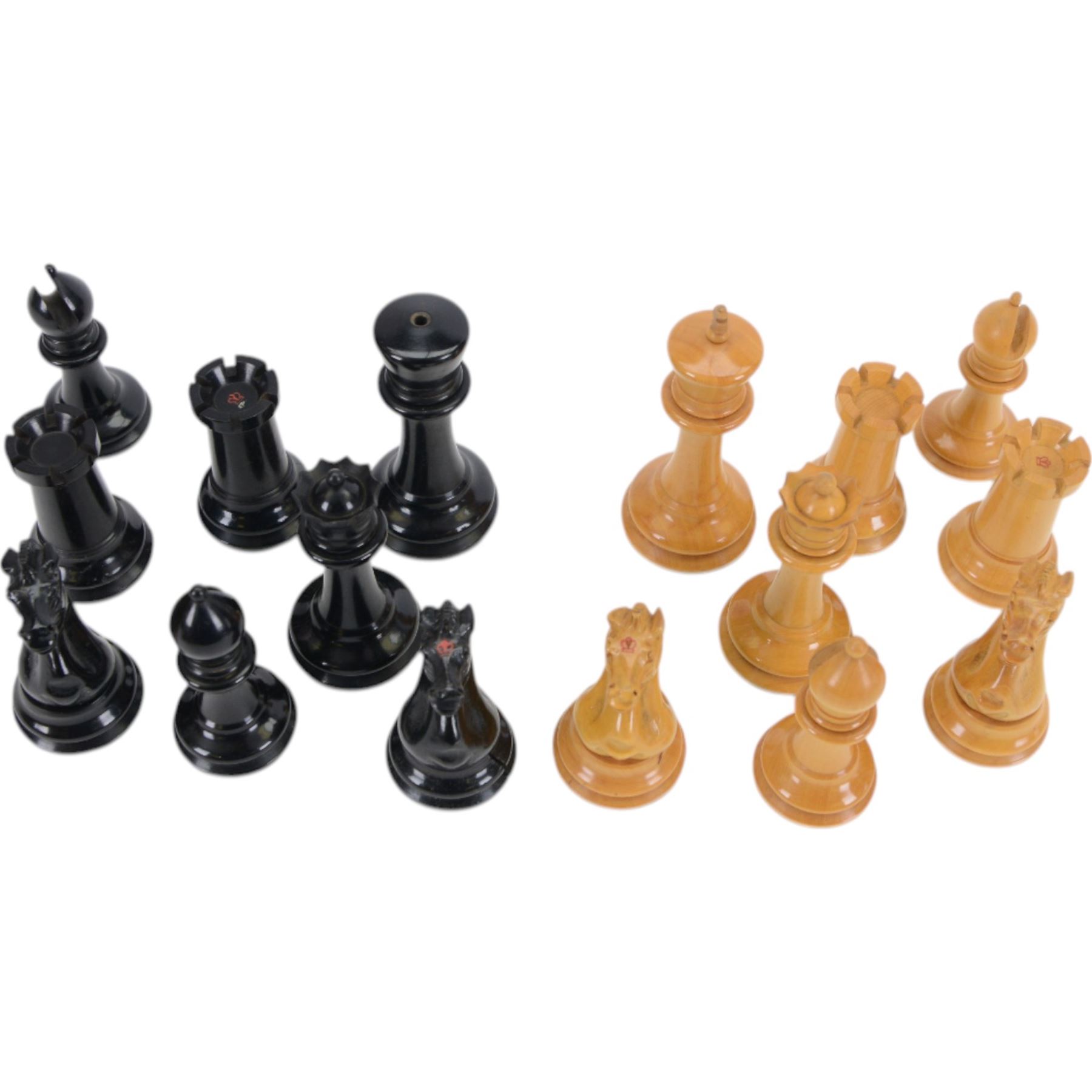 Jaques 'The Staunton Chess-Men' boxwood and ebony chess set, in original brass mounted mahogany box with paper label to interior, only the boxwood king stamped Jaques London, some pieces marked with red crown, boxwood king H11cm