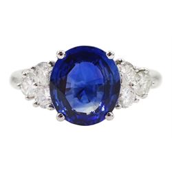 18ct white gold fine oval Ceylon sapphire and six round brilliant cut diamond ring, hallmarked, sapphire approx 2.50 carat, total diamond weight approx 0.50 carat