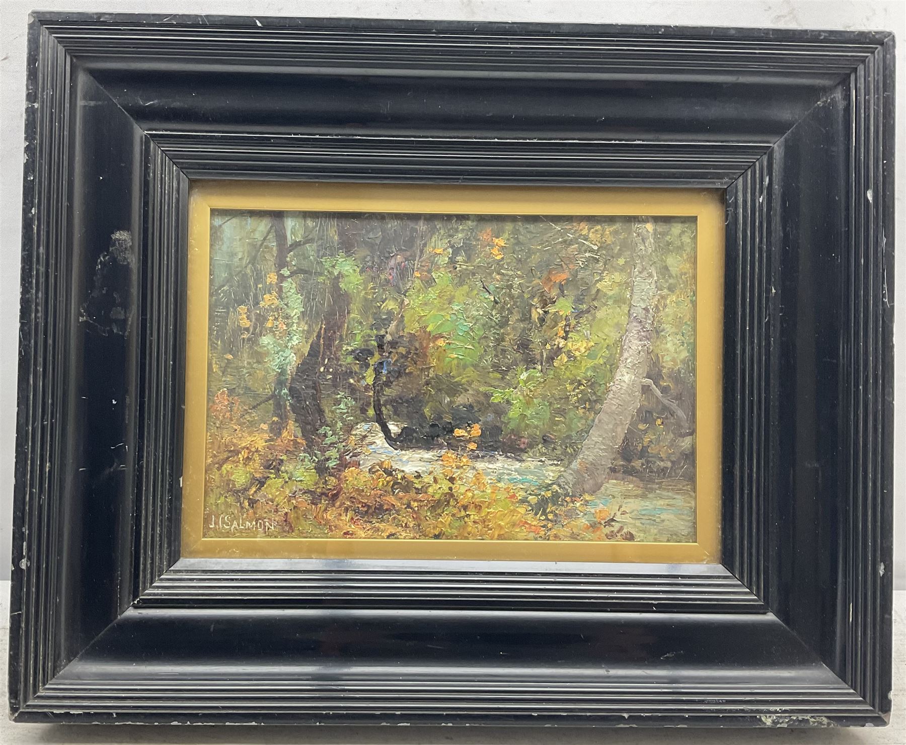 John Cuthbert Salmon (British 1844-1917): A Forest Glade, impasto oil on board signed 15cm x 23cm