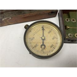 Three hydrometers, including examples by Allan and Clarke, all boxed, together with a blow torch, air sprayer, burned and a pressure gauge