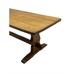 Gnomeman - large oak refectory dining table, rectangular adzed top on shaped end supports with sledge feet, united by pegged stretcher, carved with gnome signature, by Thomas Whittaker, Little Beck