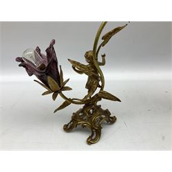 Pair of metal table lights, modelled as flowers with gilt leaves and ending in glass flowers, with a putti standing on a scrolled base, H41cm