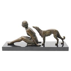 After Démete Chiparus (Romanian 1886-1947): A Girl and Her Borzoi Hound, art deco bronze, on black marble plinth, including base W29cm 