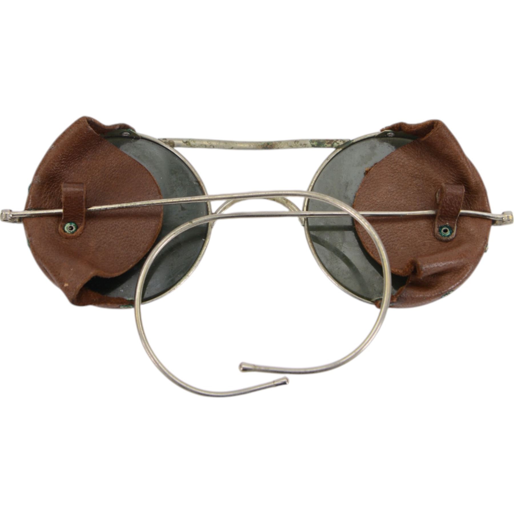 Pair of WWII British RAF Royal Air Force pilots sunglasses with leather side shields and tinted lenses, in the original Air Ministry issued tin