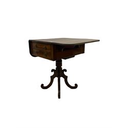 Georgian mahogany pedestal table, drop leaf top, two drawers, quatrefoil base