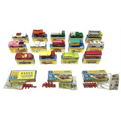 Fourteen Matchbox '1-75' Series die-cast models comprising 27d, 28d, 32c, 50c (Kennel Truck) in 46c box, 51c, 54c, 55d, 57c, 60b, 66c, 68c, 70b, 73c and 74b; all boxed; and three boxes of X-1 Motorway Accessories (17)