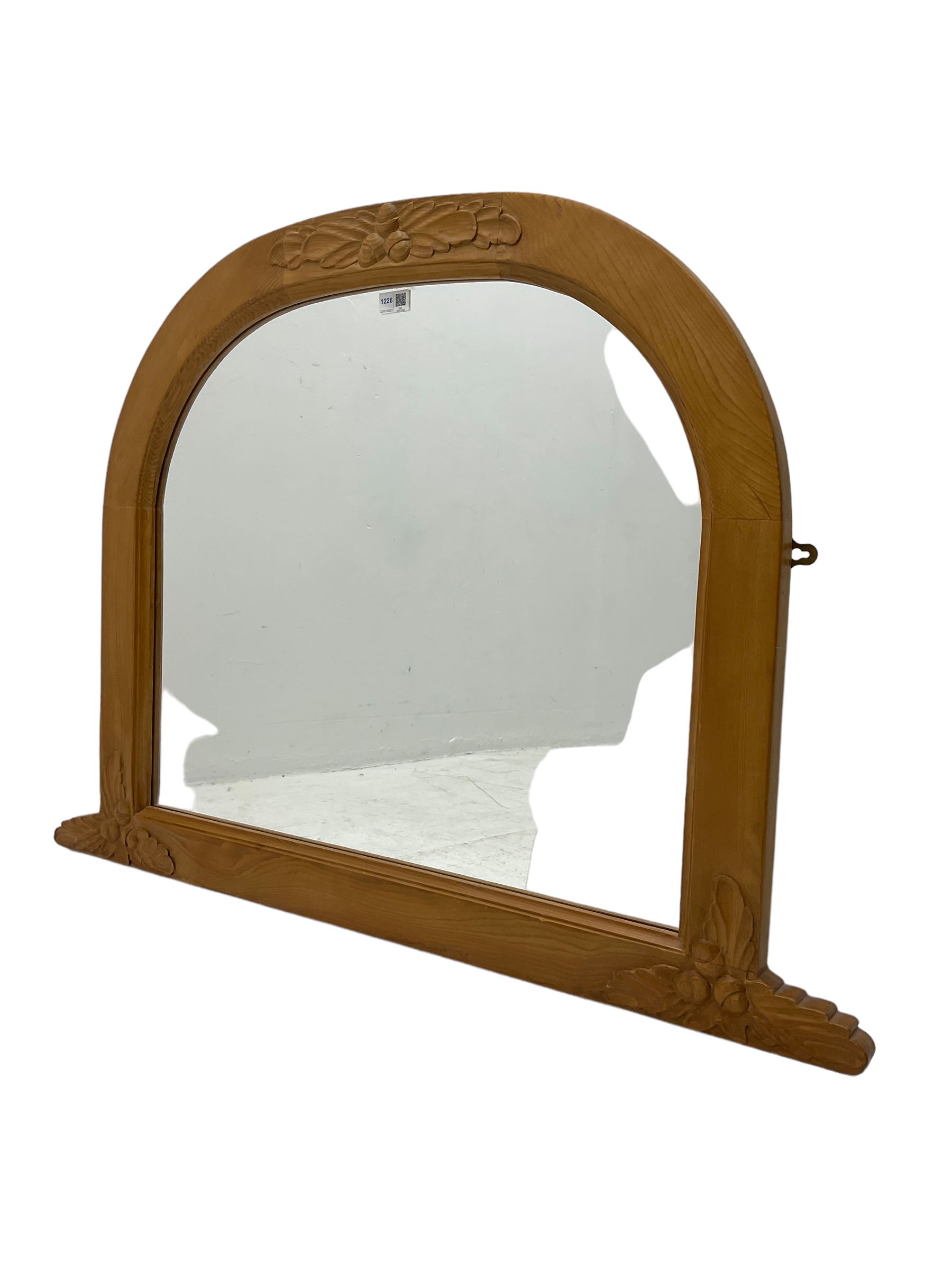 Solid pine framed overmantle mirror, decorated with carved oak leaves and acorns