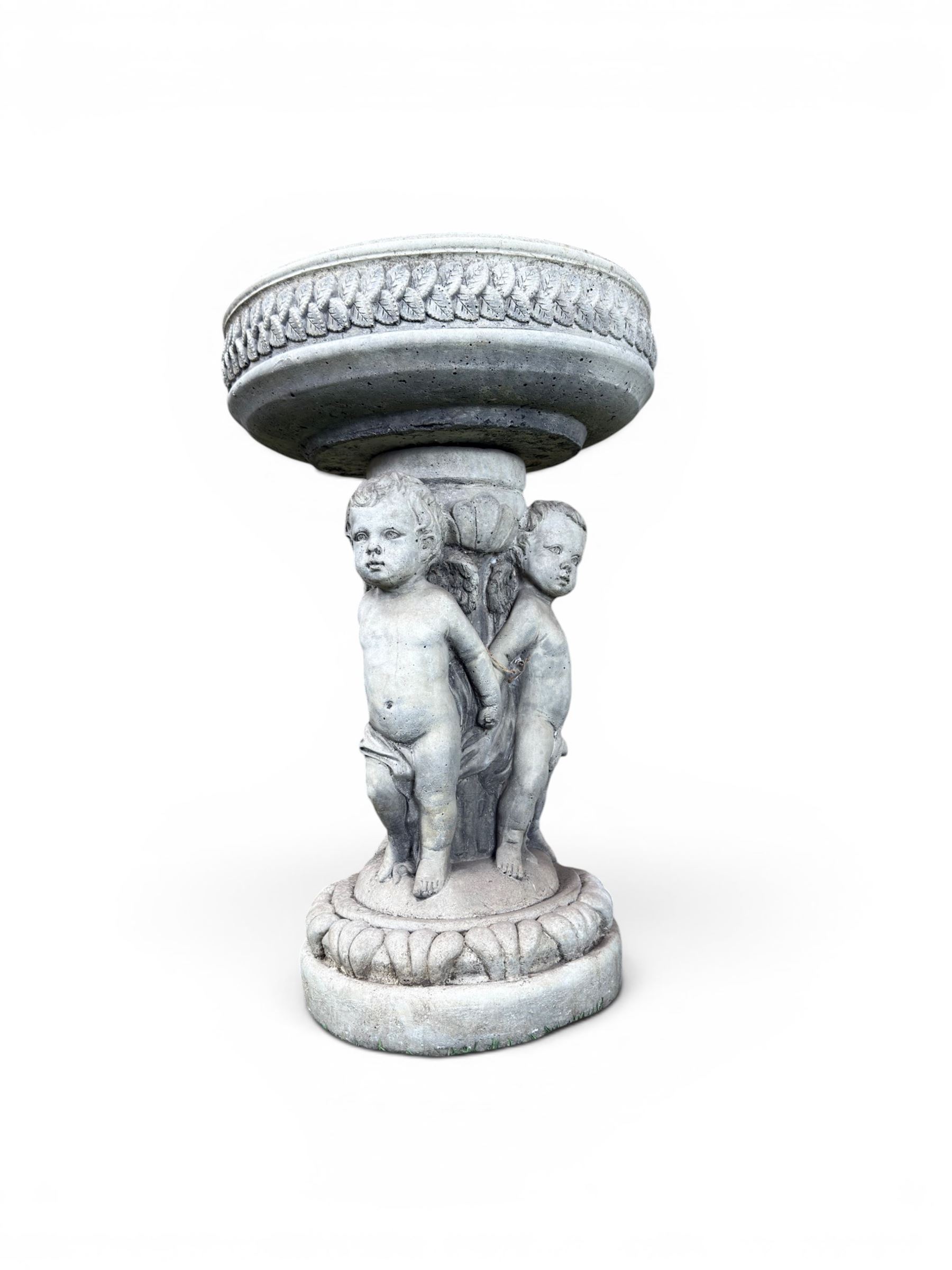Cast stone cherub bird bath, circular removable top raised on three cherubs with ornate detailing