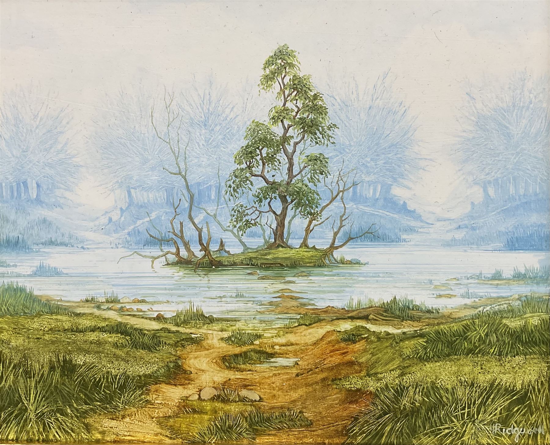 John Ridgewell (British 1937-2004): Path to the Lakeside, oil on card signed 14cm x 18dm 