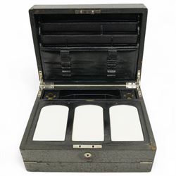 Early 20th century travelling writing box, by James Hurry of London, the leather exterior with Braman lock, the white metal cartouche engraved with FE monogram, opening to reveal compartmental interior, with 'Ink' and 'Light' boxes, and further to reveal writing slope, H18cm x W35cm x 27cm 