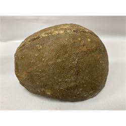 Four polished blue agate geodes, largest H10cm, L18cm