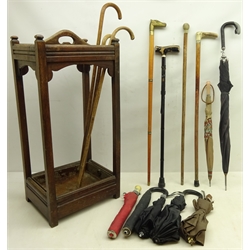  Oak stick stand, H80cm, bone handled walking stick, wooden walking sticks, leather handled umbrellas, automatic opening umbrella etc   