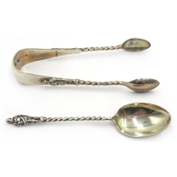  Set of six Victorian silver apostle spoons and pair sugar nips Birmingham 1892 and a set of six silver anointing spoons Sheffield 1912 both cased 6.2oz  