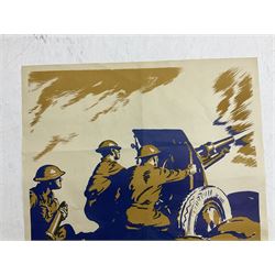 WW2 poster after Alfred Sindall printed for H.M. Stationery Office by Wm. Brown & Co Ltd London E.C.3; poster No.S.P.37 'Paper For Salvage Helps To Feed The Guns' depicting British Soldiers firing a field gun 75 x 51cm; blue, gold and white; unframed