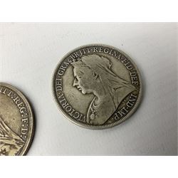 Three Queen Victoria silver crown coins, dated 1887, 1890 and 1897