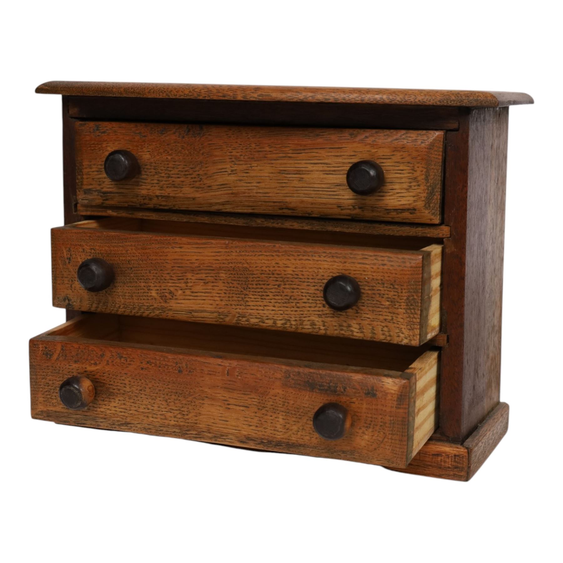 Table top chest of draws, fitted with three draws, upon a skirt base, together with another table top chest 