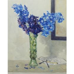 Catherine Tyler (British 1949-): Delphiniums, oil on panel, inscribed and titled verso 49cm x 39cm