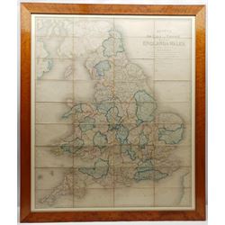 John Betts (British 19th century): 'Betts's New Railway and Commercial Map of Enland & Wales', enraved map witl later hand-colouring pub. 1847 formed as 36 sheets mounted onto linen 92cm x 76cm overall